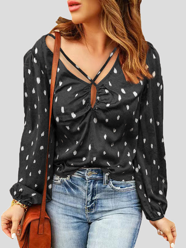 Women's Blouses Printed V-Neck Cross Long Sleeve Blouse