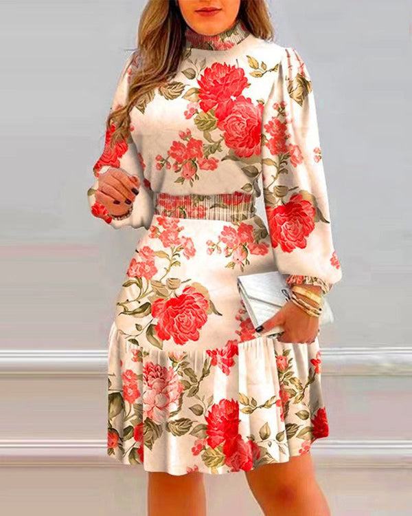 Women's Dresses Turtleneck Floral Print Elastic Waist Long Sleeve Dress