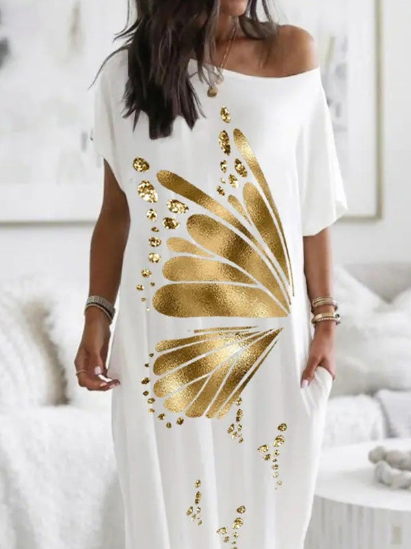 Women's Dresses Gold Print Diagonal Neck Pocket Casual Dress