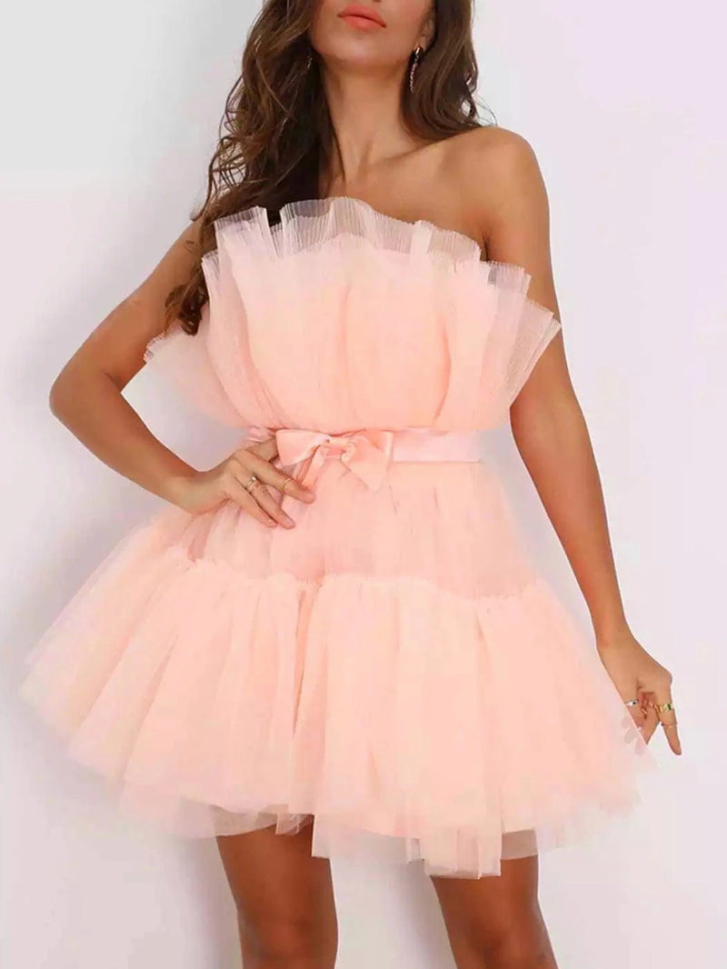 Women's Dresses Tube Top Mesh Bow Sleeveless Party Dress