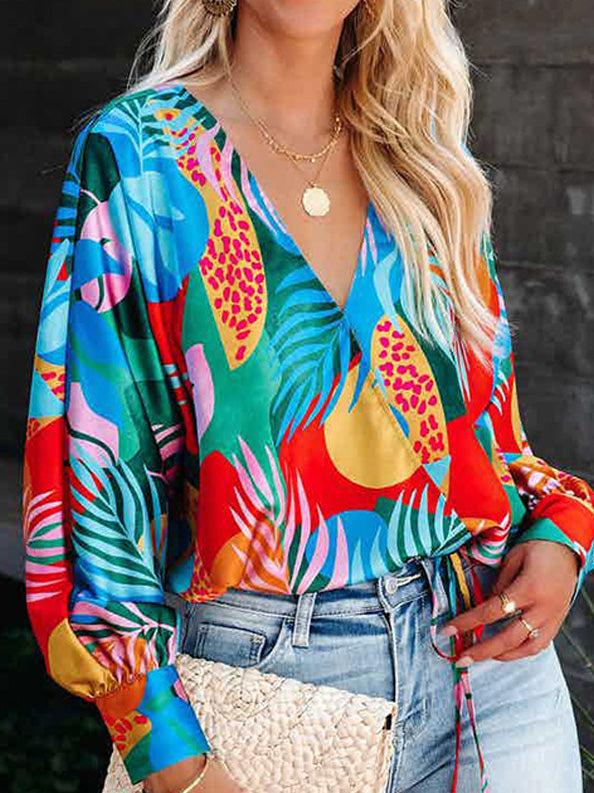 Women's Blouses Printed V-Neck Long Sleeve Casual Blouse