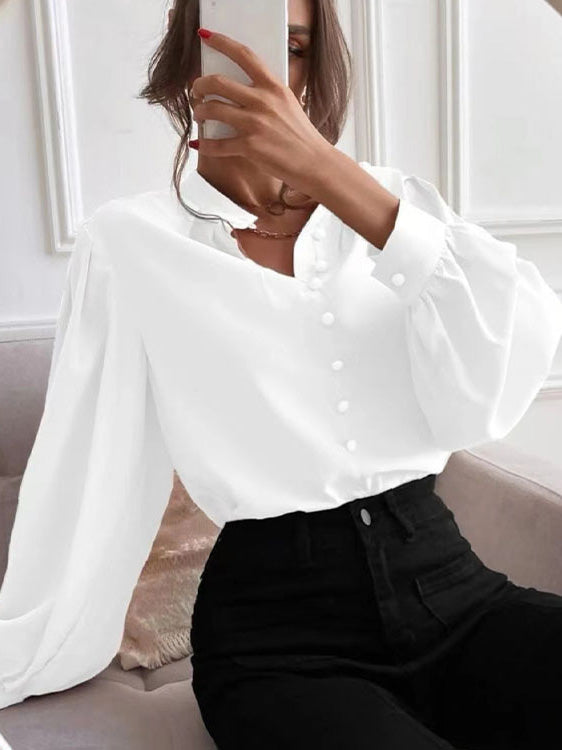 Women's Blouses Solid Lapel Button Long Sleeve Blouse