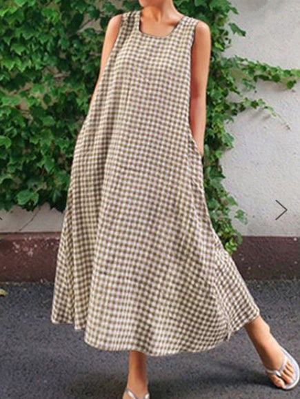 Women's Dresses Loose Check Pocket Sleeveless Maxi Dress