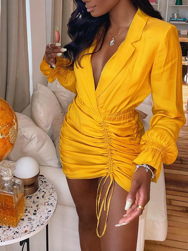 Women's Dresses Lapel Drawstring Long Sleeve Mini Dress