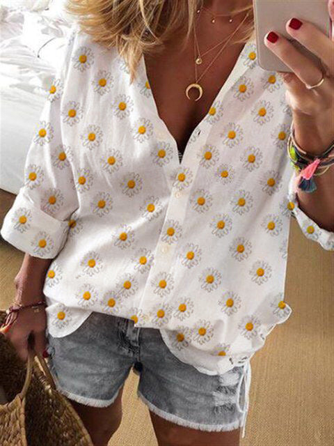 Women's Blouses Loose Floral Single Breasted Long Sleeve Blouse