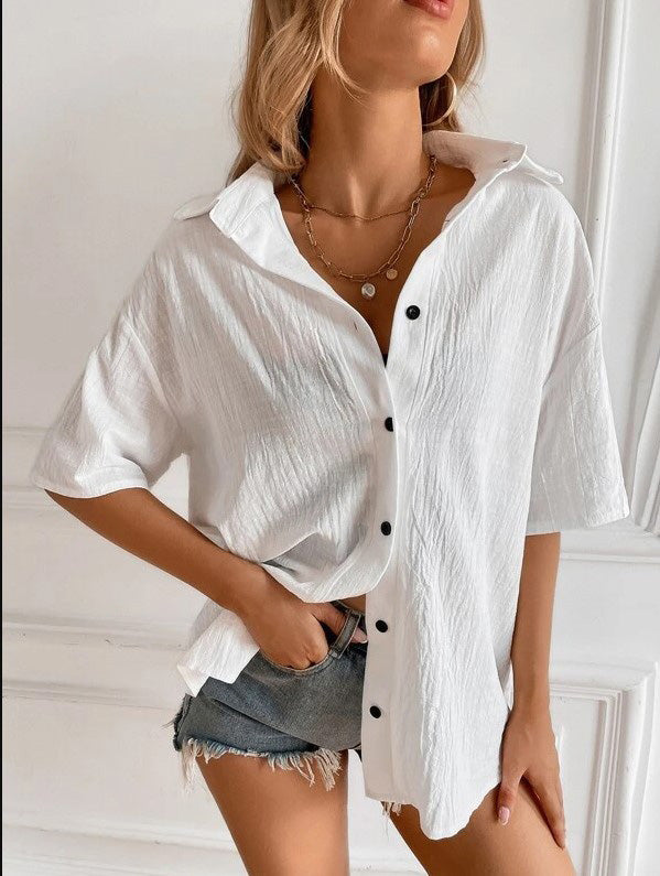 Women's Blouses Lapel Button Short Sleeve Casual Blouse