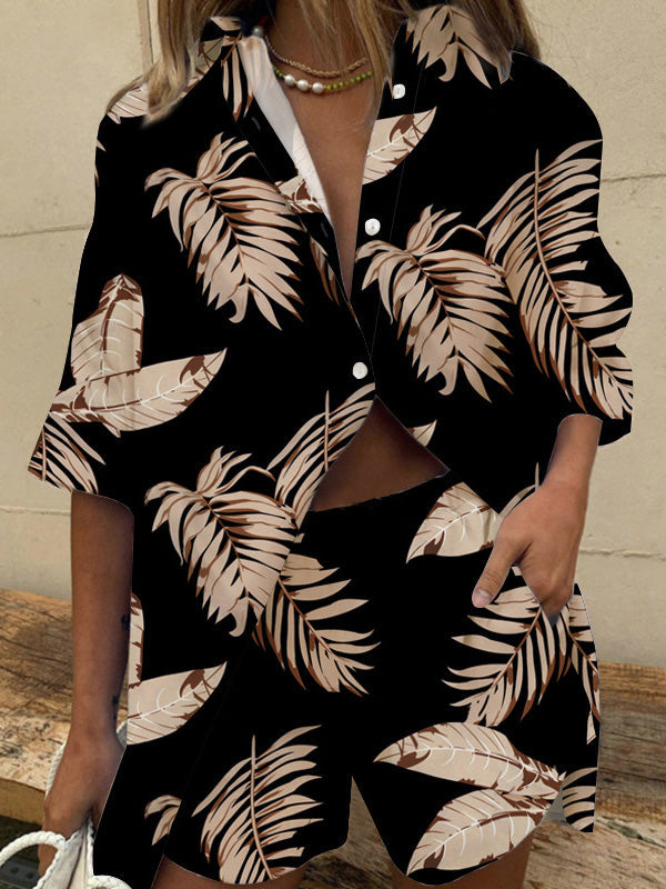 Women's Sets Leaf Print Short Sleeve Shirt & Shorts Two-Piece Set