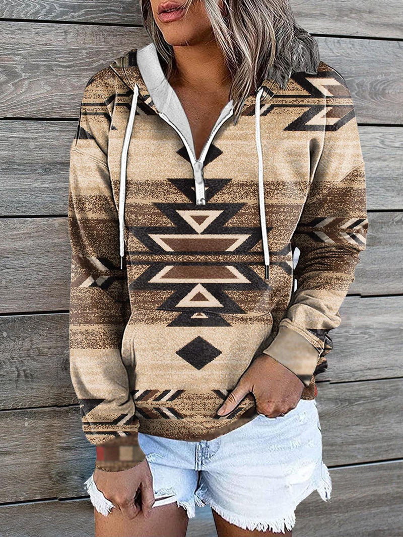 Women's Hoodies Vintage Print Zip Pocket Casual Hoody