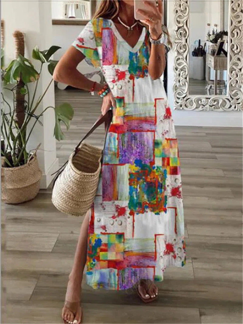 Women's Dresses Printed V-Neck Short Sleeve Slit Dress