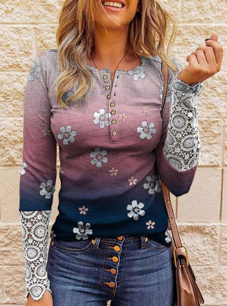 Women's T-Shirts Printed Button Lace Long Sleeve T-Shirt