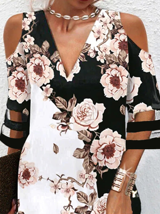 Women's Dresses V-Neck Printed Off Shoulder Mesh Panel Dress