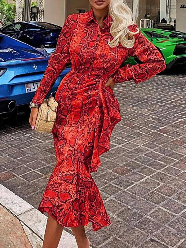 Women's Dresses Lapel Long Sleeve Fishtail Print Dress