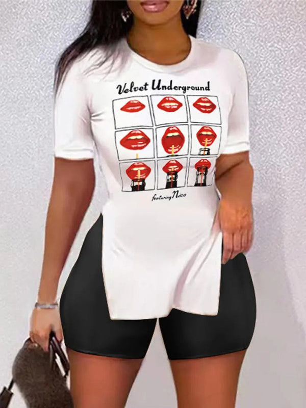 Women's Sets Printed Short Sleeve Split T-Shirt & Shorts Two Piece Set