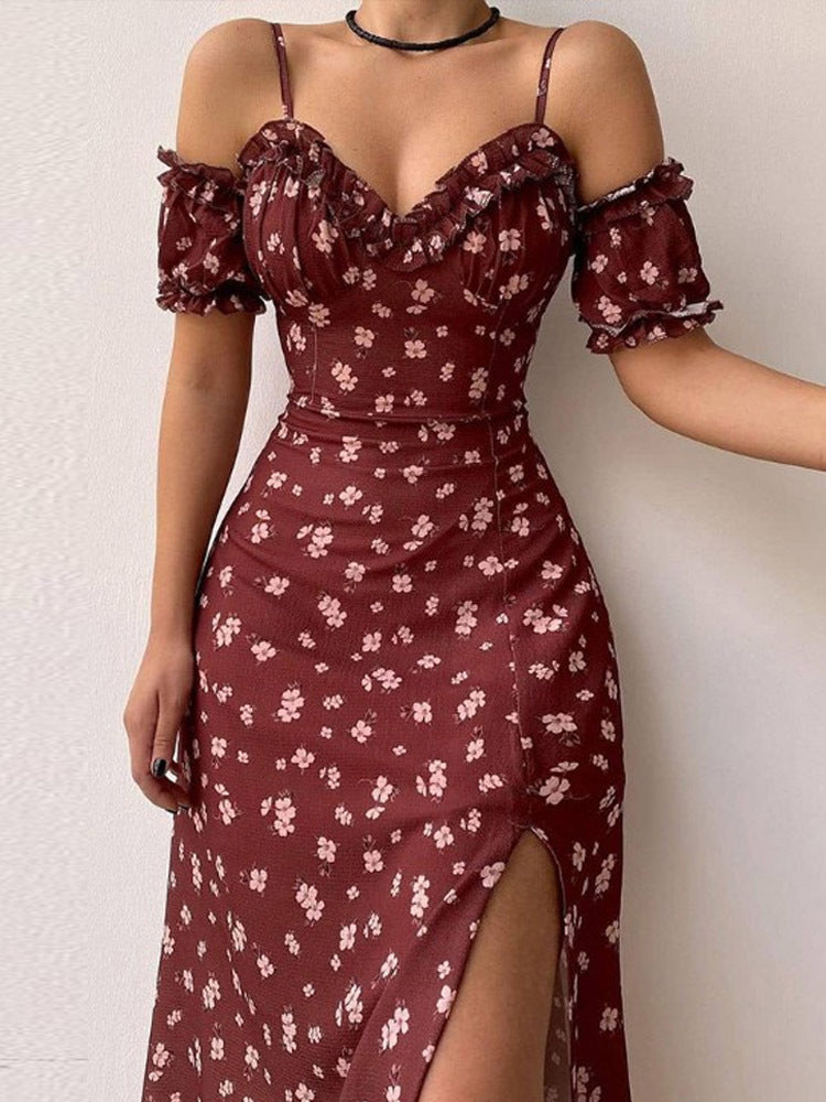 Women's Dresses Floral Print Sling Off-The-Shoulder Slit Dress