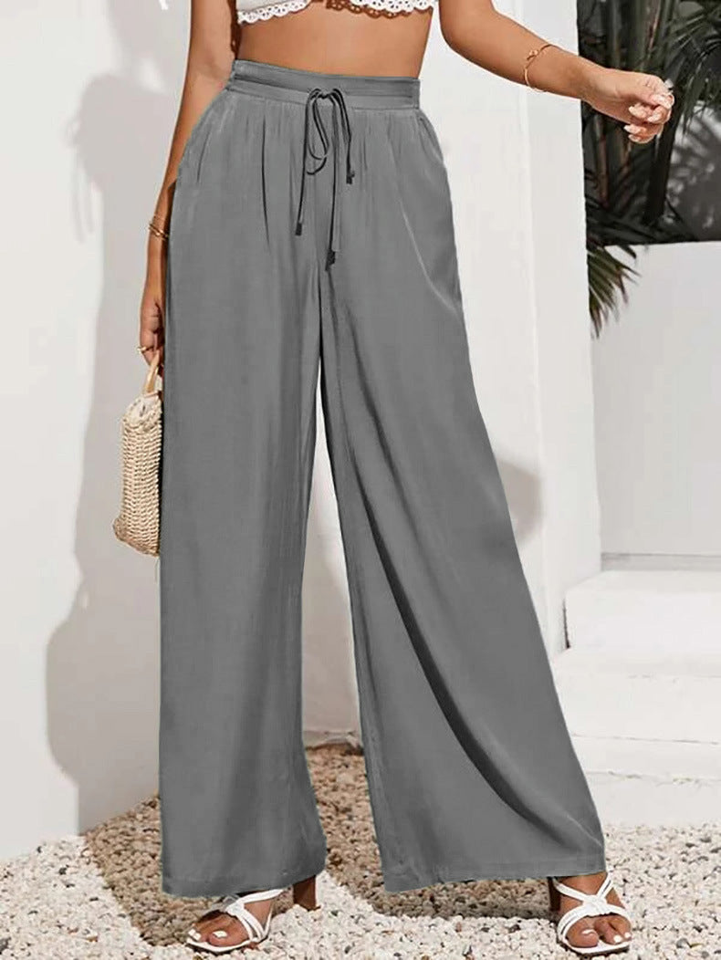 Women's Pants Casual Solid Elastic Waist Tie Wide Leg Pants