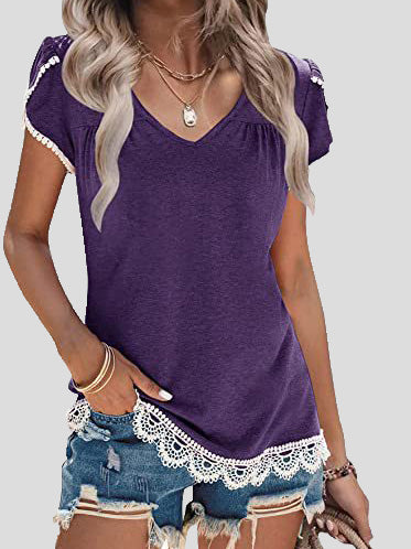 Women's T-Shirts Lace V-Neck Short Sleeve T-Shirt