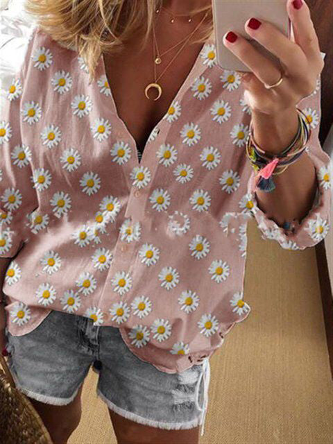 Women's Blouses Loose Floral Single Breasted Long Sleeve Blouse