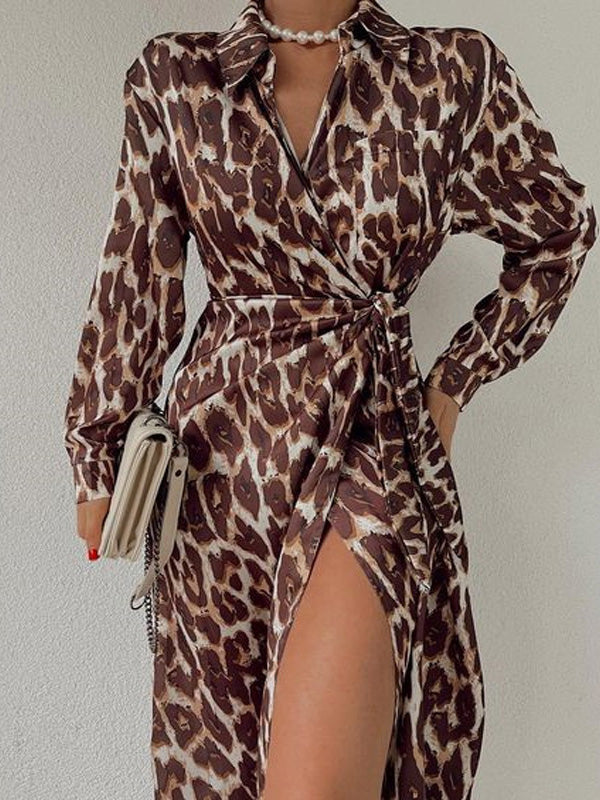 Women's Dresses Leopard Print Lapel Tie Long Sleeve Slit Dress