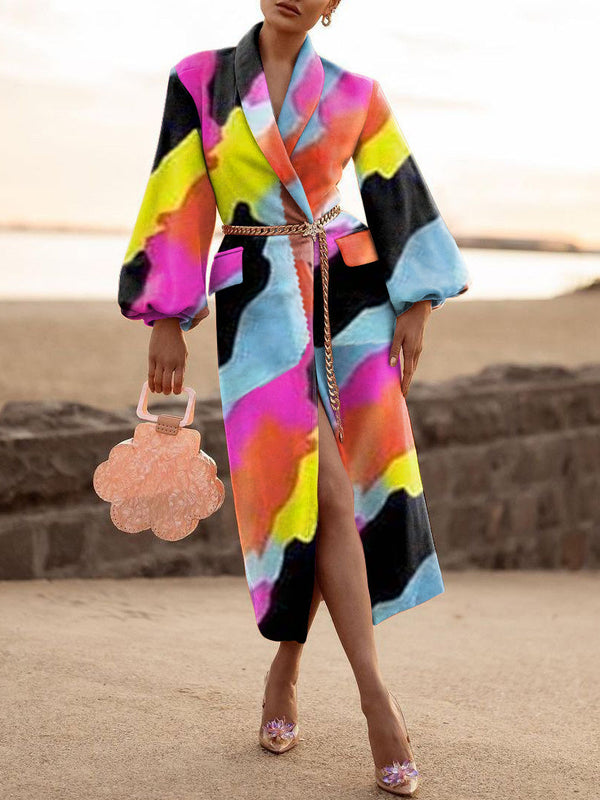 Women's Coats Printed Lapel Tie Long Sleeve Wool Coat