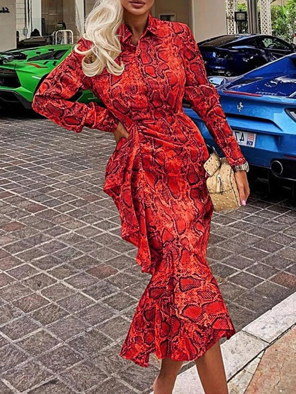 Women's Dresses Lapel Long Sleeve Fishtail Print Dress