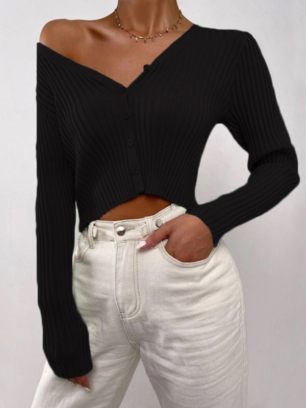 Women's Sweaters Solid V-Neck Button Knit Sweater