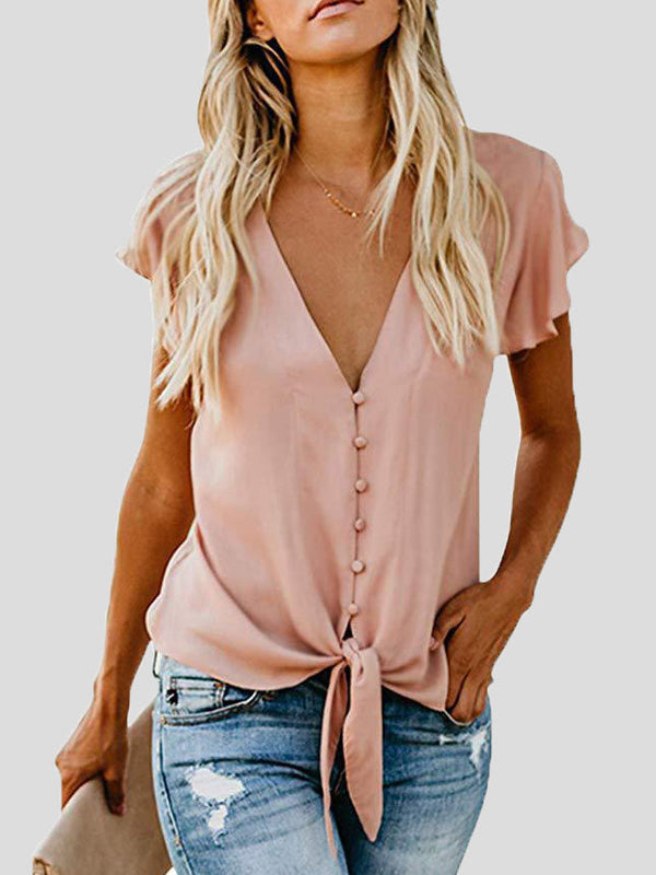 Women's Blouses V-Neck Buttoned Ruffle Sleeves Chiffon Blouse