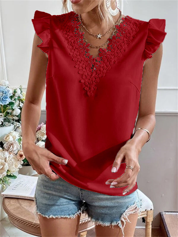 Women's Tank Tops V-Neck Lace Ruffle Sleeve Tank Top