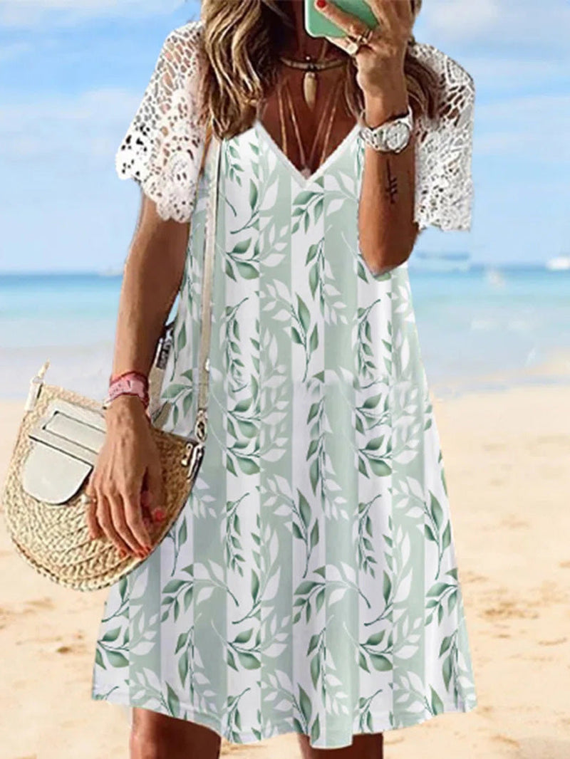 Women's Dresses V-Neck Lace Short Sleeve Print Dress