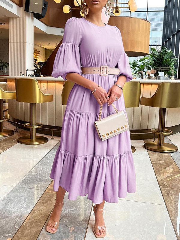 Women's Dresses Solid Puff Sleeve Belt Ruffle Dress