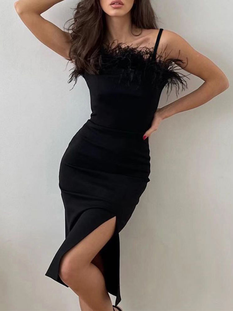 Women's Dresses Sling Feather Tube Top Slit Slim Dress