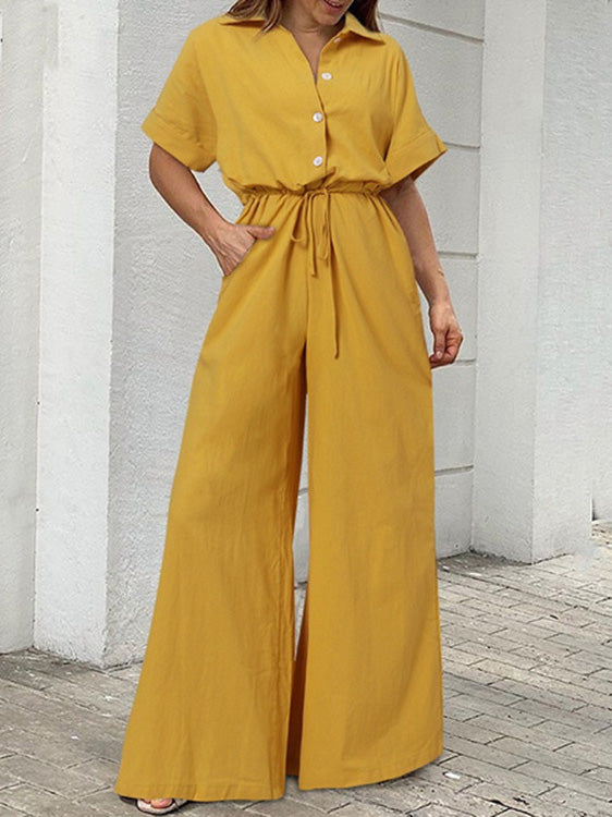 Women's Jumpsuits Lapel Button Short Sleeve Belted Wide Leg Jumpsuit