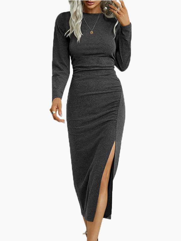 Women's Dresses Solid Round Neck Slim Long Sleeve Split Dress