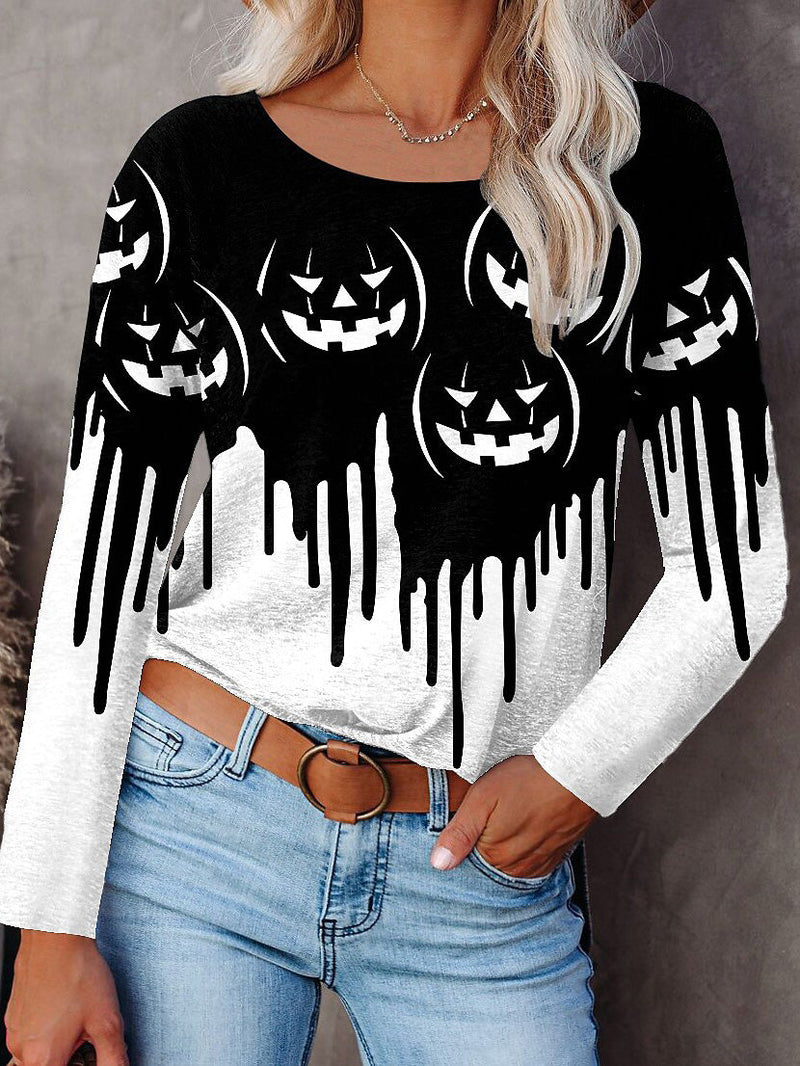 Women's T-Shirts Halloween Print Crew Neck Long Sleeve T-Shirt