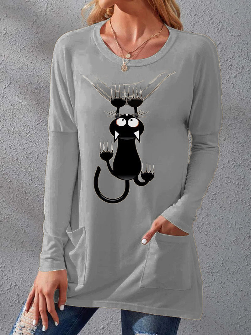 Women's T-Shirts Cat Print Crew Neck Pocket Long Sleeve T-Shirts