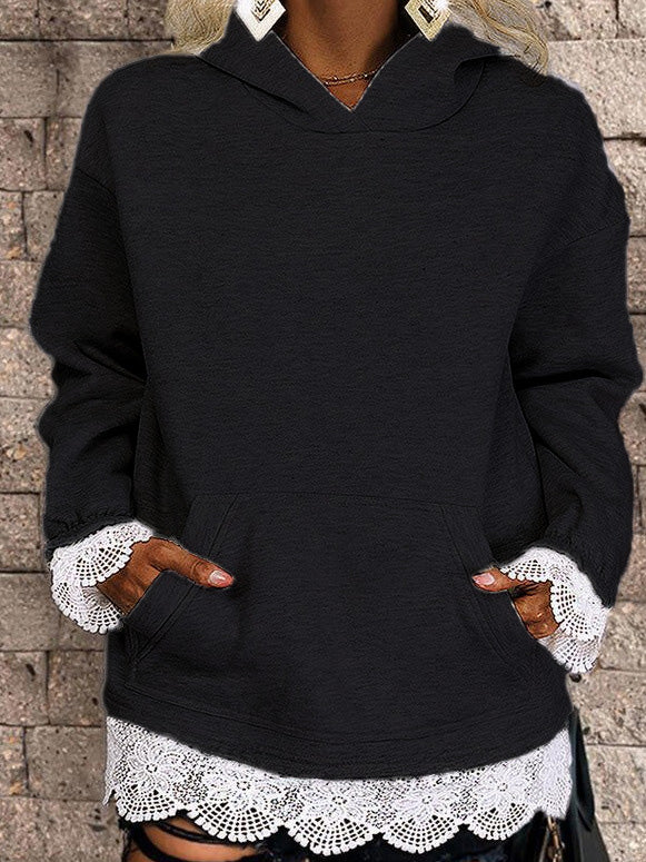 Women's Hoodies Solid Lace Panel Pocket Long Sleeve Hoody