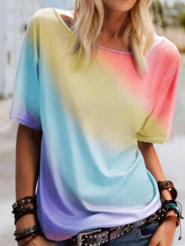 Women's T-Shirts Crewneck Rainbow Print Short Sleeve T-Shirt