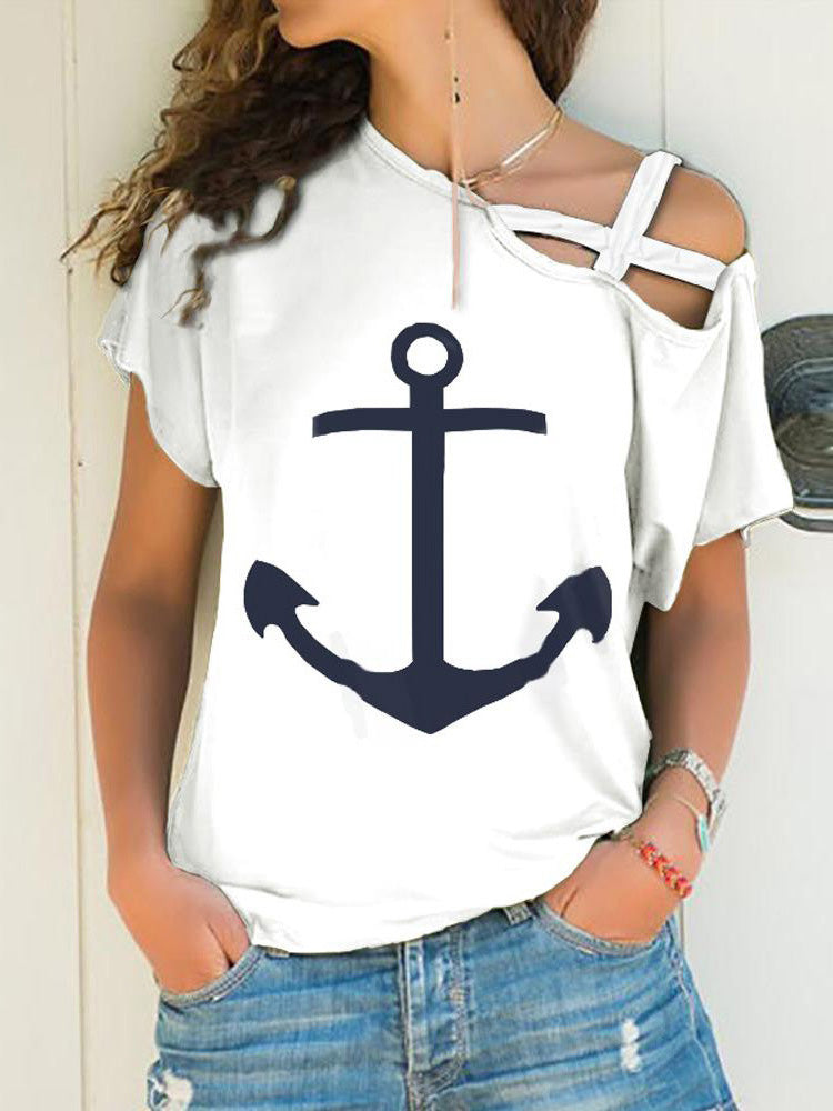 Women's T-Shirts Printed Asymmetric Strap Short Sleeve T-Shirt