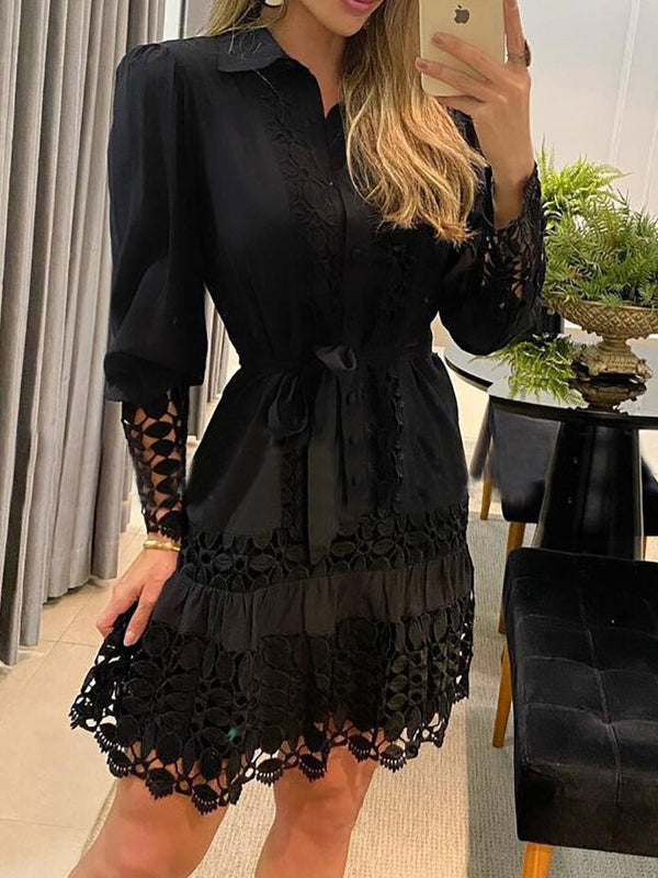 Women's Dresses Lace Hollow Lapel Long Sleeve Dress