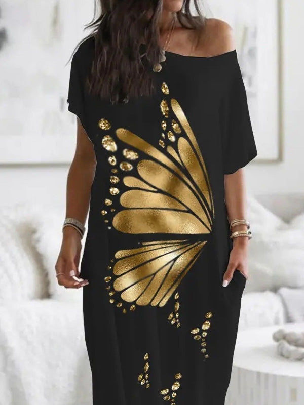 Women's Dresses Gold Print Diagonal Neck Pocket Casual Dress