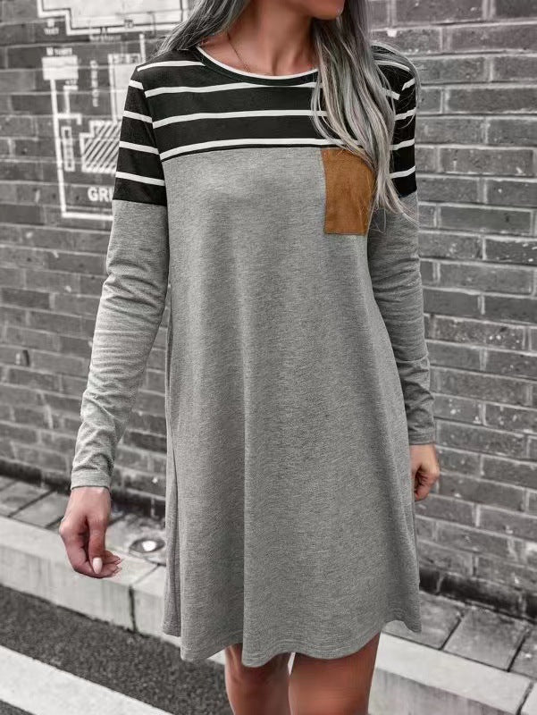 Women's Dresses Loose Striped Pocket Panel Long Sleeve Dress