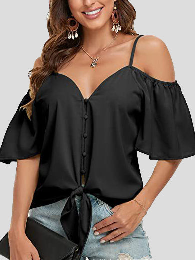 Women's Blouses Sling Single Breasted Knotted Off Shoulder Blouse