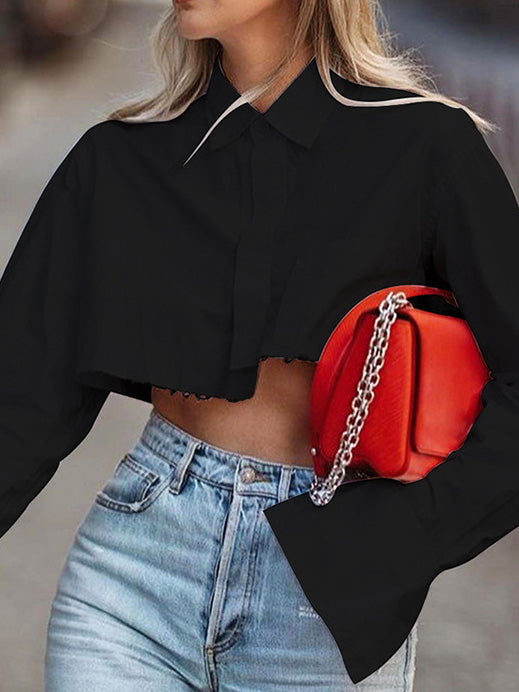 Women's Blouses Lapel Single Breasted Irregular Crop Blouse