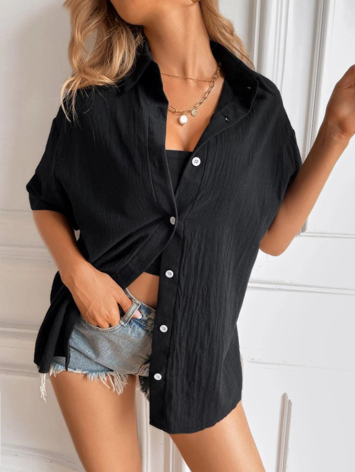 Women's Blouses Lapel Button Short Sleeve Casual Blouse