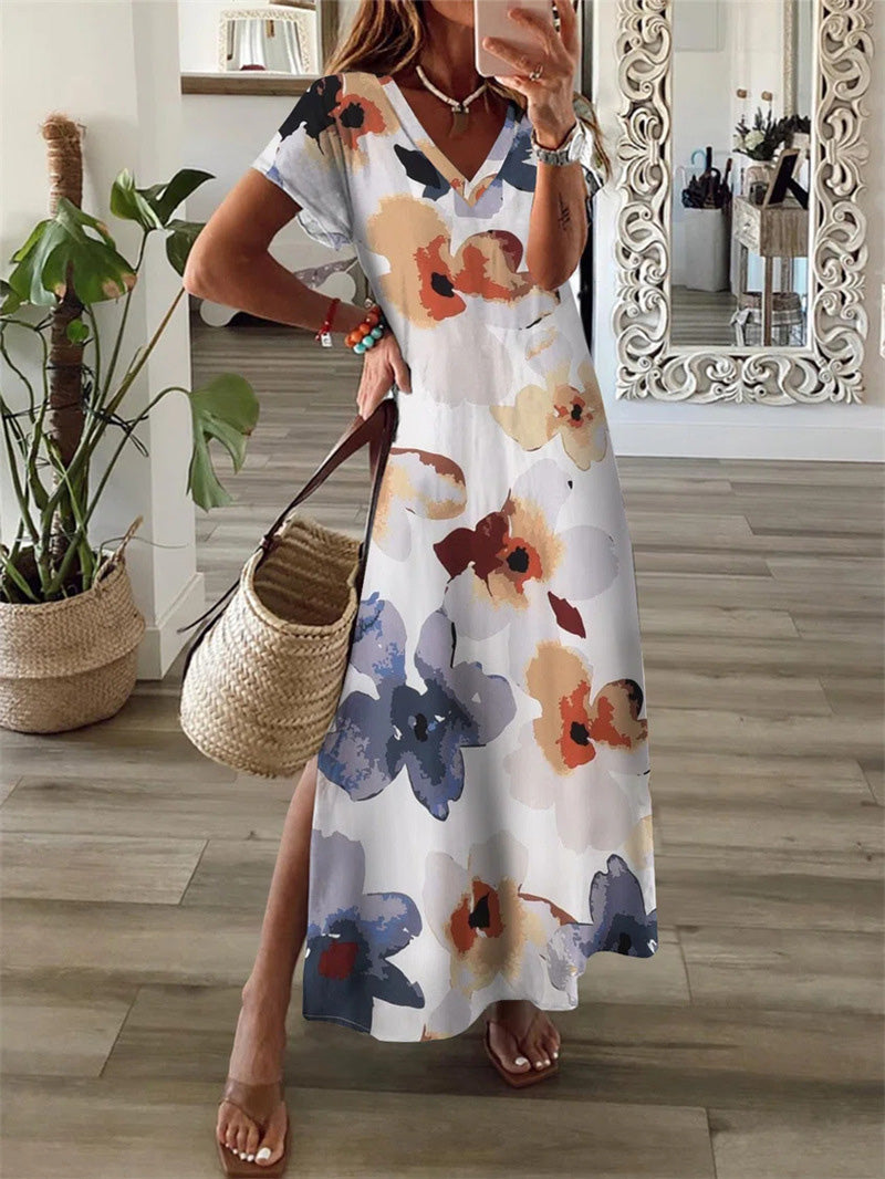 Women's Dresses Floral Print V-Neck Short Sleeve Slit Dress