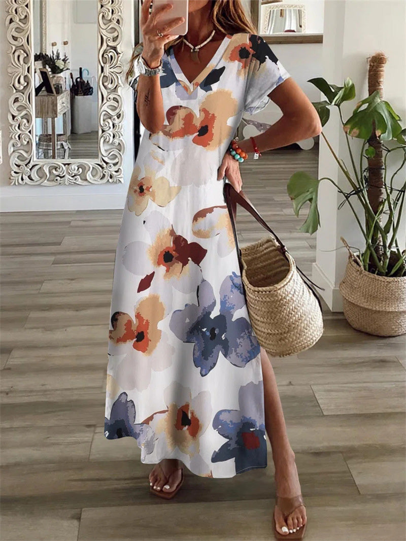 Women's Dresses Floral Print V-Neck Short Sleeve Slit Dress