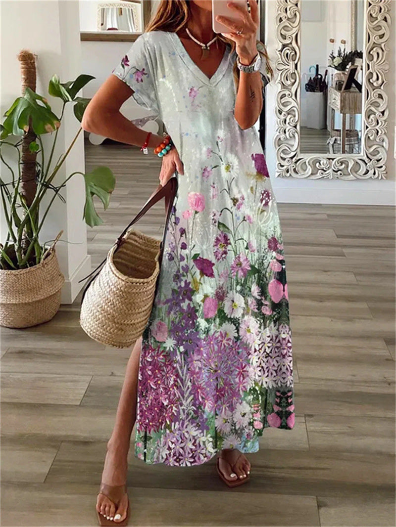 Women's Dresses Printed V-Neck Short Sleeve Slit Dress