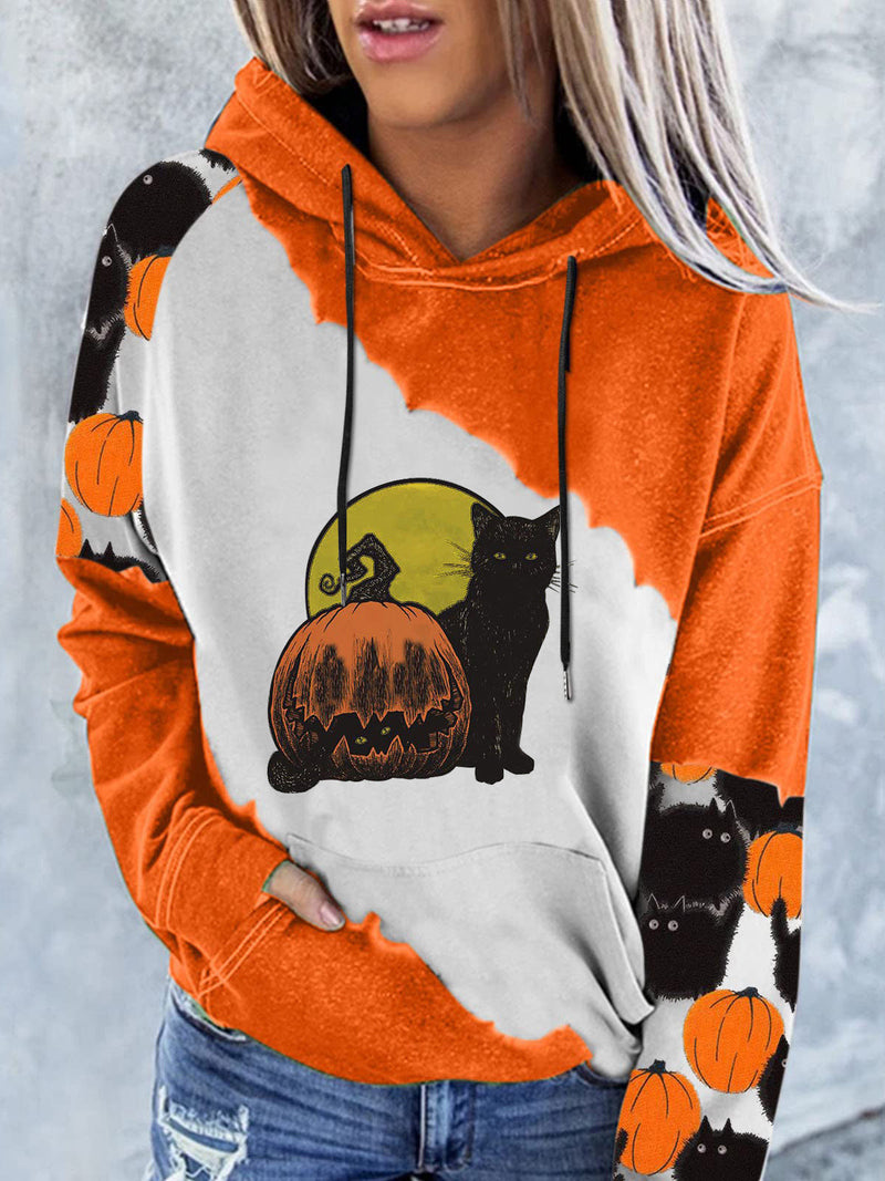 Women's Hoodies Pumpkin Cat Print Pocket Long-Sleeve Hoody