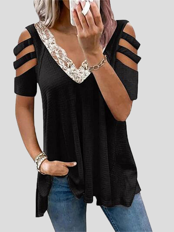 Women's T-Shirts V-Neck Lace Off Shoulder T-Shirt