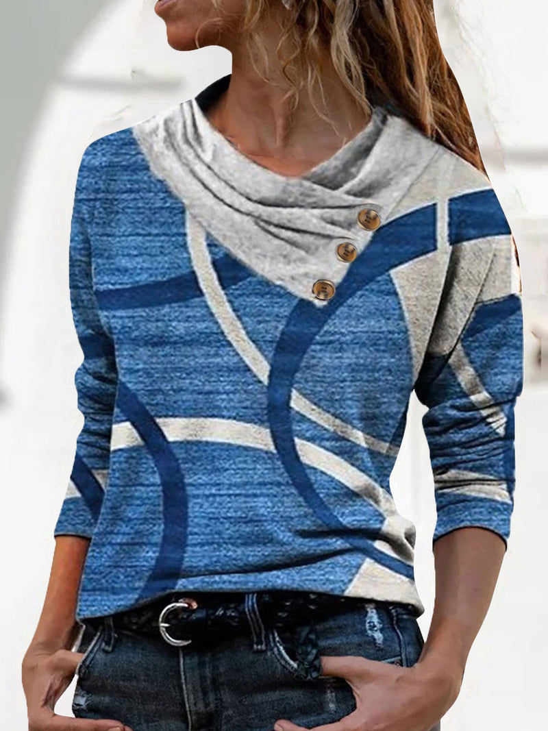 Women's T-Shirts V-Neck Button Print Long Sleeve T-Shirt