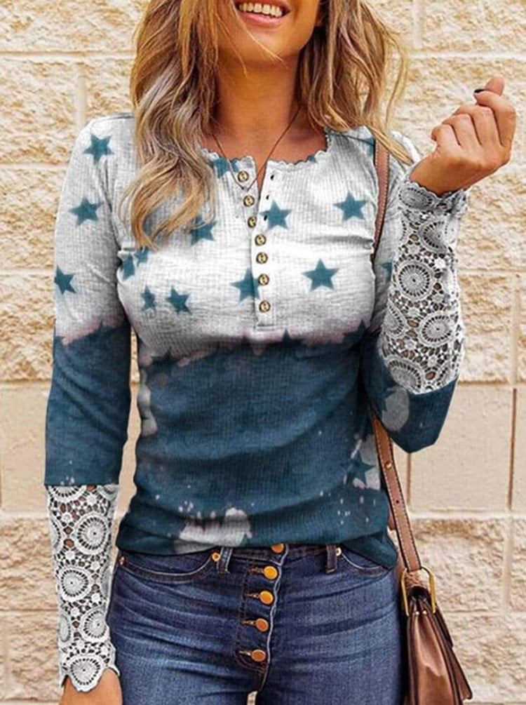 Women's T-Shirts Printed Button Lace Long Sleeve T-Shirt